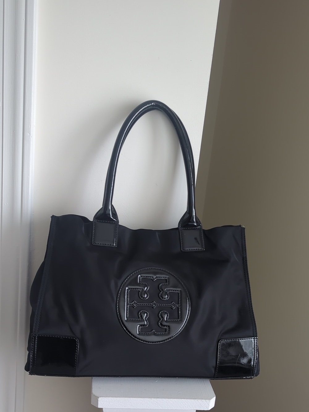 Tory Burch Black Logo Nylon Tote with Patent Trim 14Wx10L Strap 9L